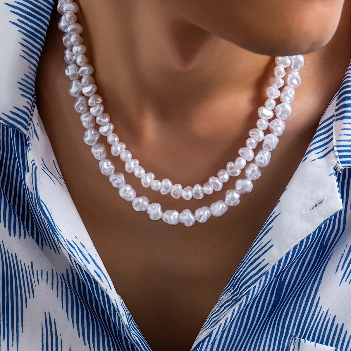 KunJoe Fashion Irregular Imitation Pearl Choker Necklace Men Temperament Simple Handmade Beads Clavicle Chain Jewelry Gift