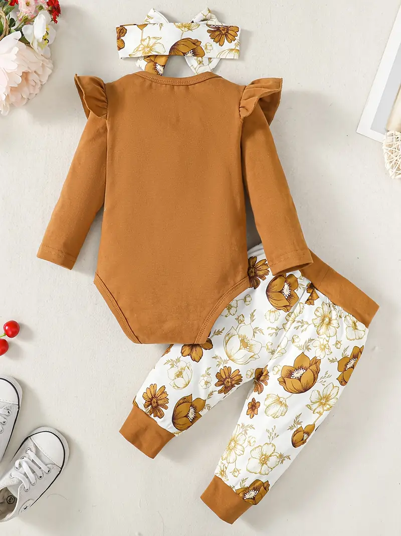 infant baby comfy cute outfit letter graphic romper floral print pants headband set details 3