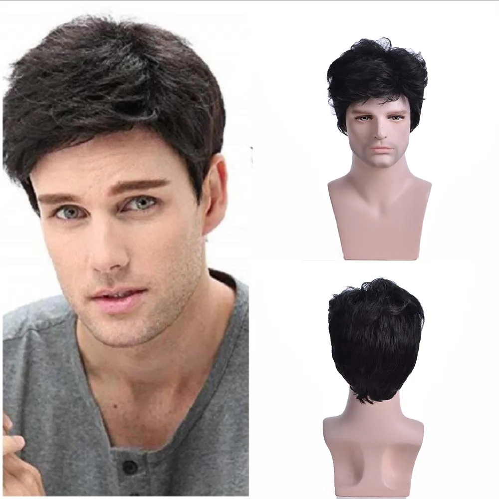 Men's Short Brown Wig Synthetic Hair Smooth Natural Pixie Cut Toupee Curly Heat Resistant Wigs For Male Men Black
