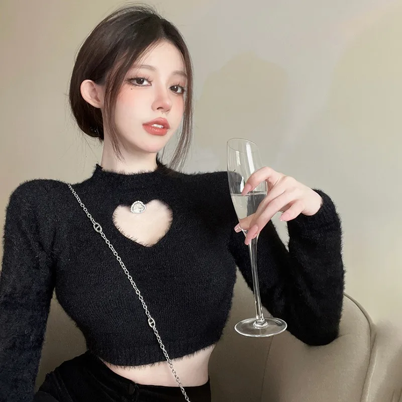 Autumn Women Hollow Out Sweaters Sexy Ladies Solid Tops Expose Navel Lint Knitted Long Sleeves Soft Chic