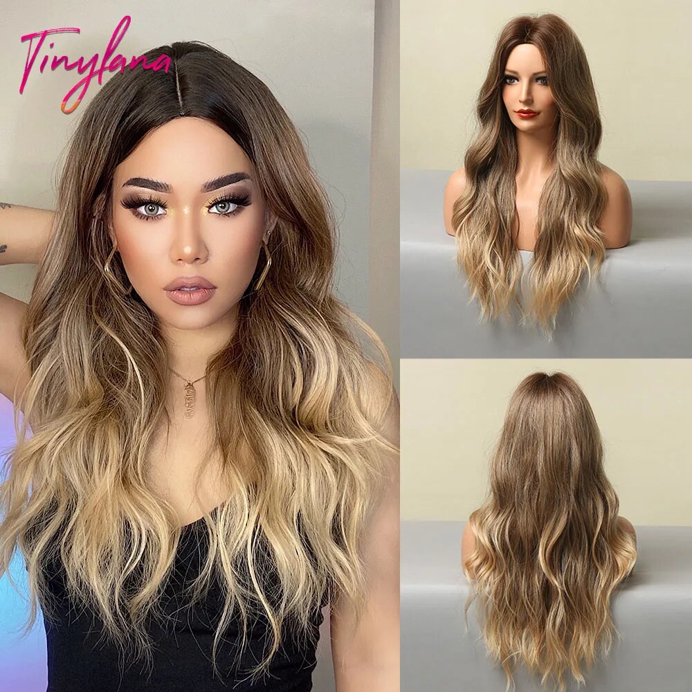 TINY LANA Synthetic Long Ombre Black Brown Blonde Big Loose Wave Wigs For Women Middle Part Cosplay Party Natural Fake Hair
