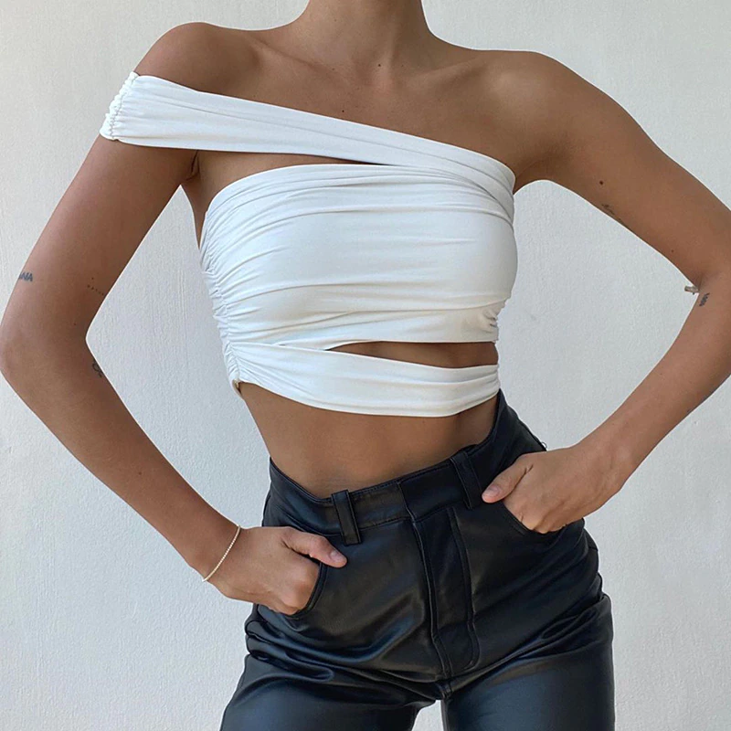 Sexy Tube Top Strapless Women Tank Top 2021 Fashion Ruched Hollow Out Slim Crop Tops Elegant One Shoulder Party Vest