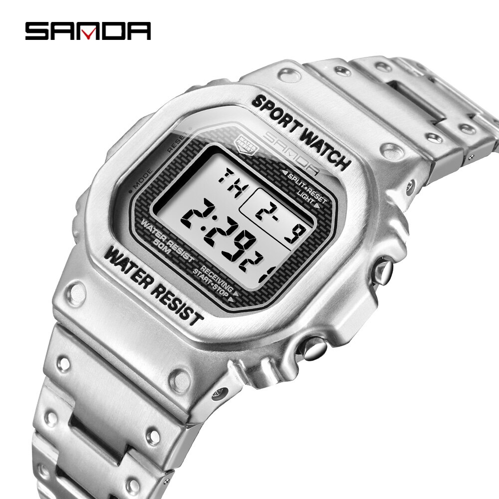 SANDA Top Brand Luxury Men's Watches LED Digital Watch Men 5ATM Casual Waterproof Wristwatch Steel Clock Relogio Masculino 390