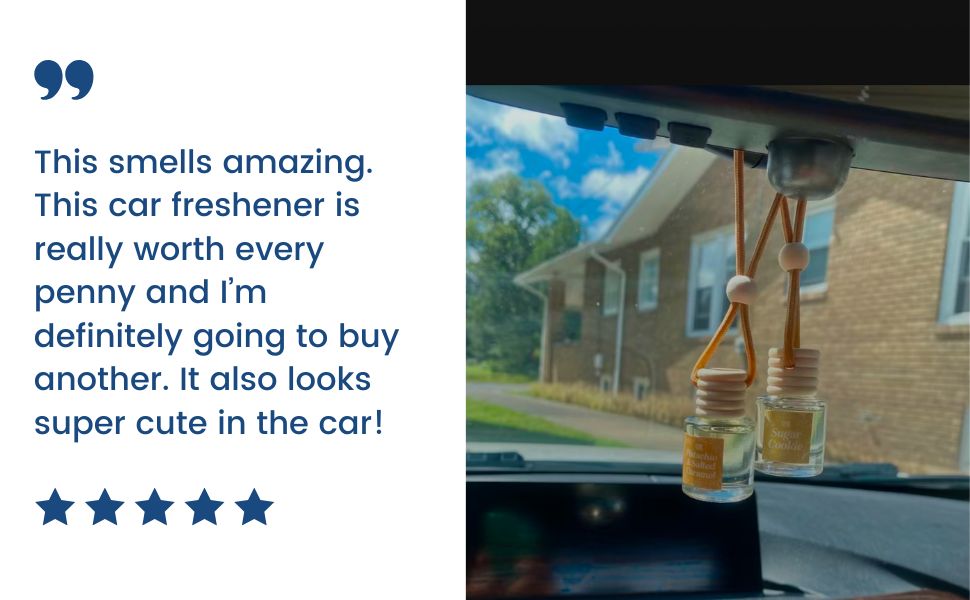 review for our car freshener with a photo of it in their car