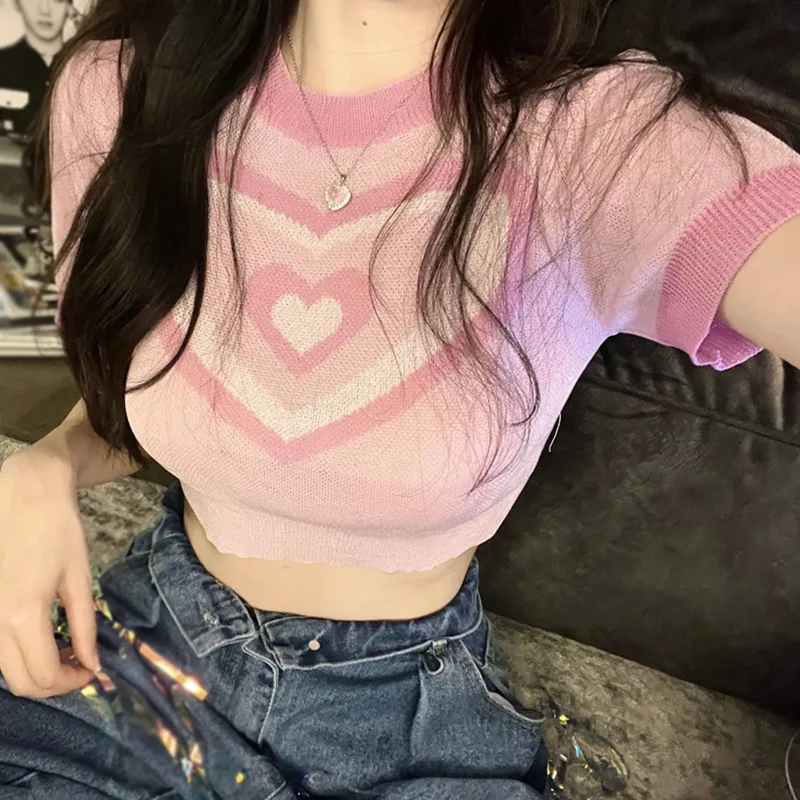 Summer Women's T-shirts Short Sleeve Ice Silk Slim Fit Jacquard Breathable Knitted Tops