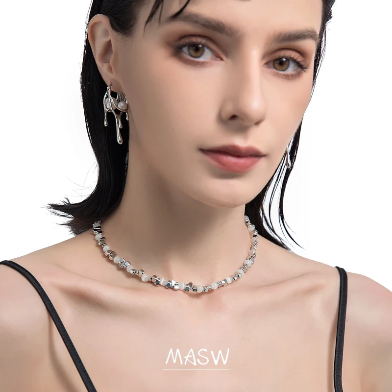 MASW Elegant Jewelry One Layer Round Pearl Necklace 2022 New Trend Irregular Metal Cat Eye Beads Necklace For Women Female Gift