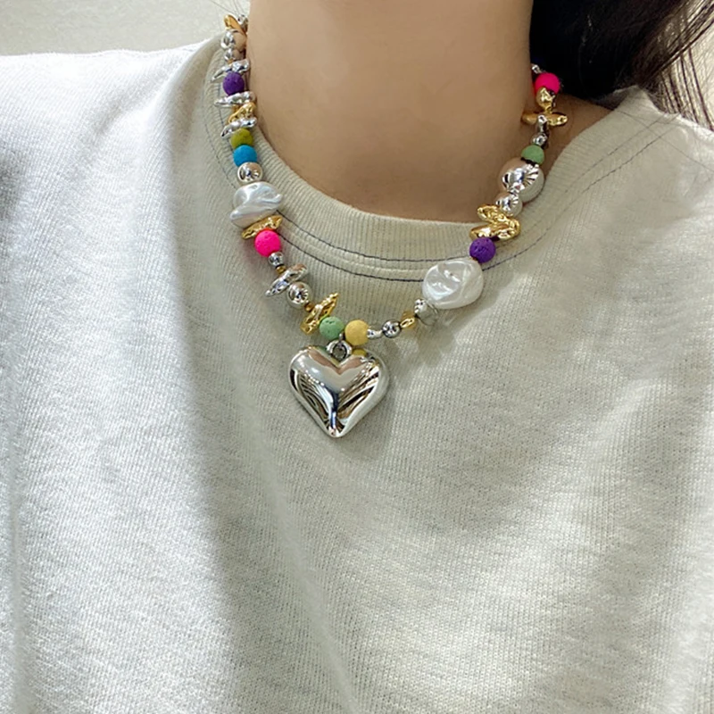 Multi Colors Large Heart Necklace For Women Irregular Metal Colorful Mixed Acrylic Stone Beads Girls Party Fashion Jewelry C1182