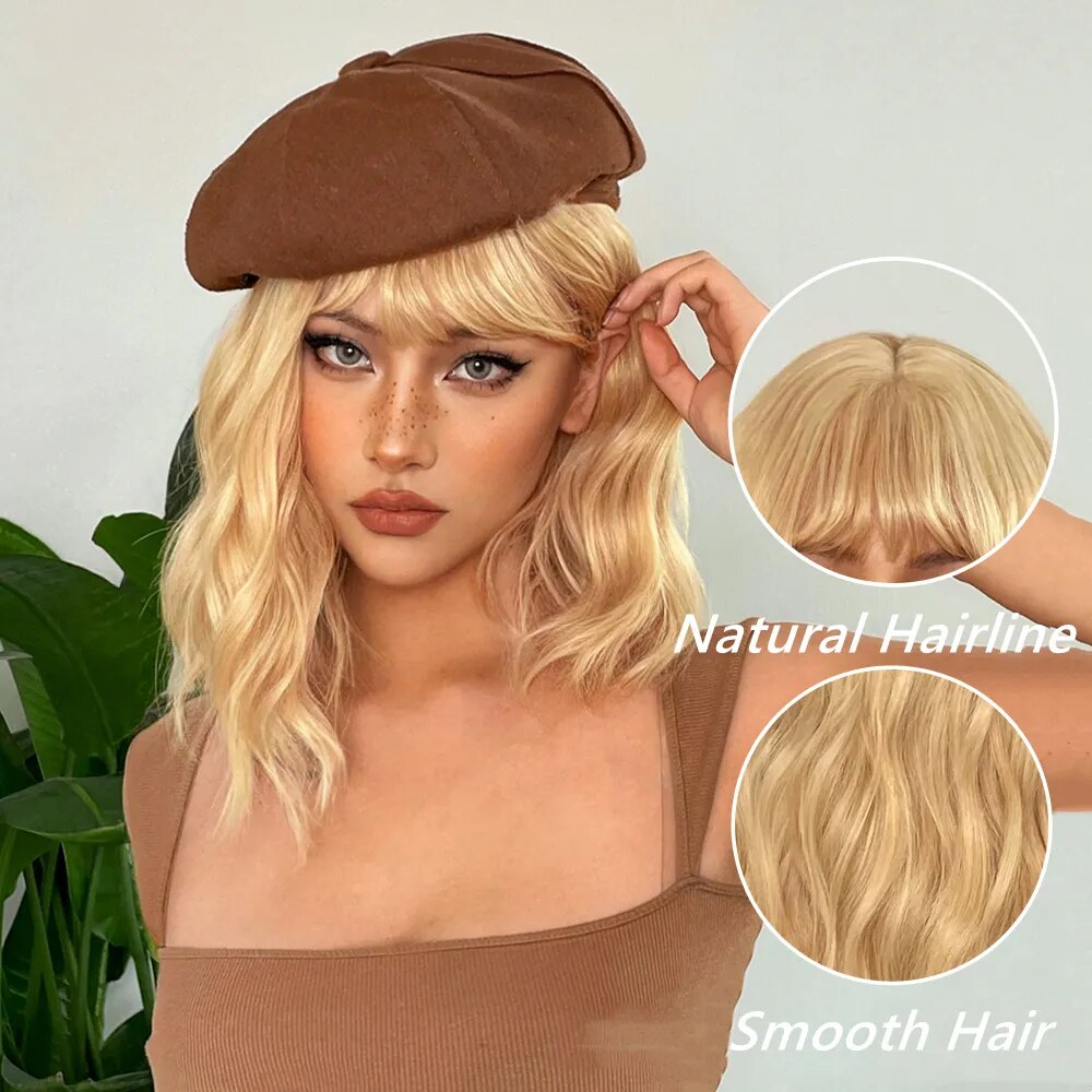 HENRY MARGU Short Blonde Wavy Wigs with Bangs Synthetic Bob Light Blonde Wig Loose Wave Women Party Wig Heat Resistant Fake Hair