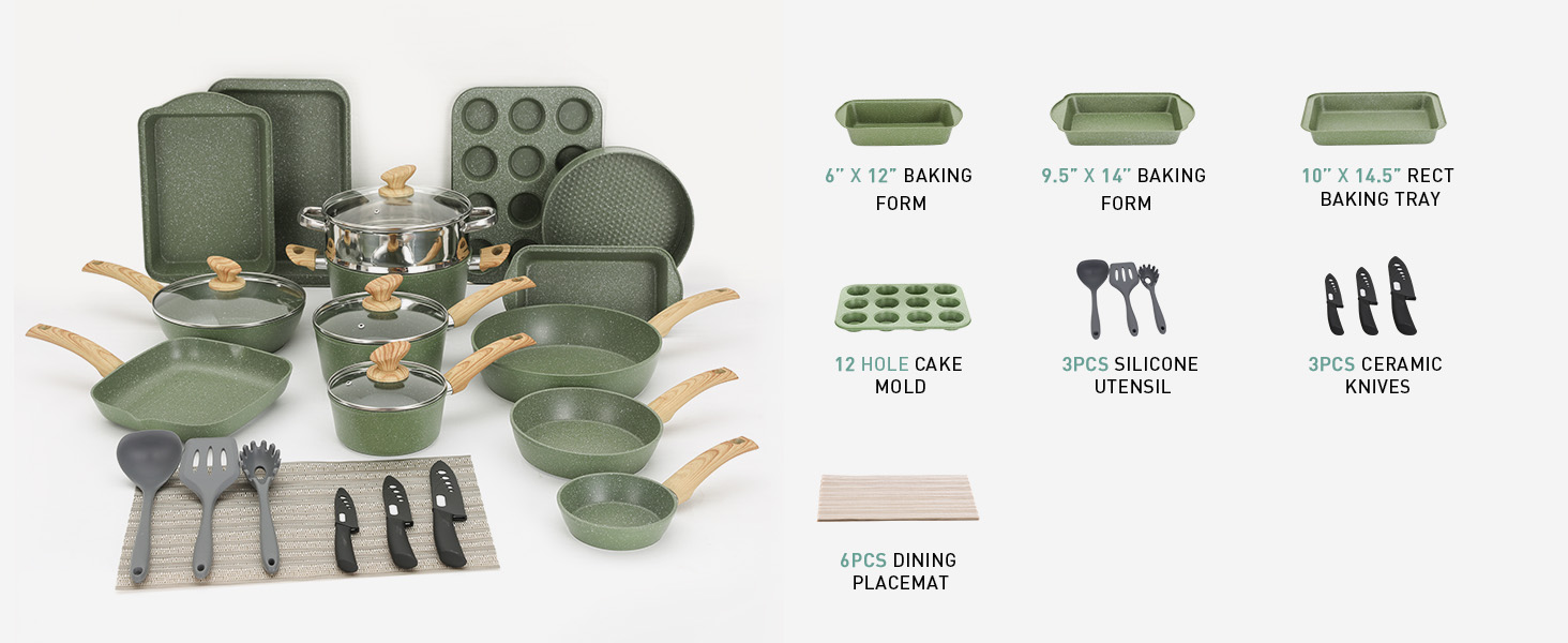 green cookware and bakeware set