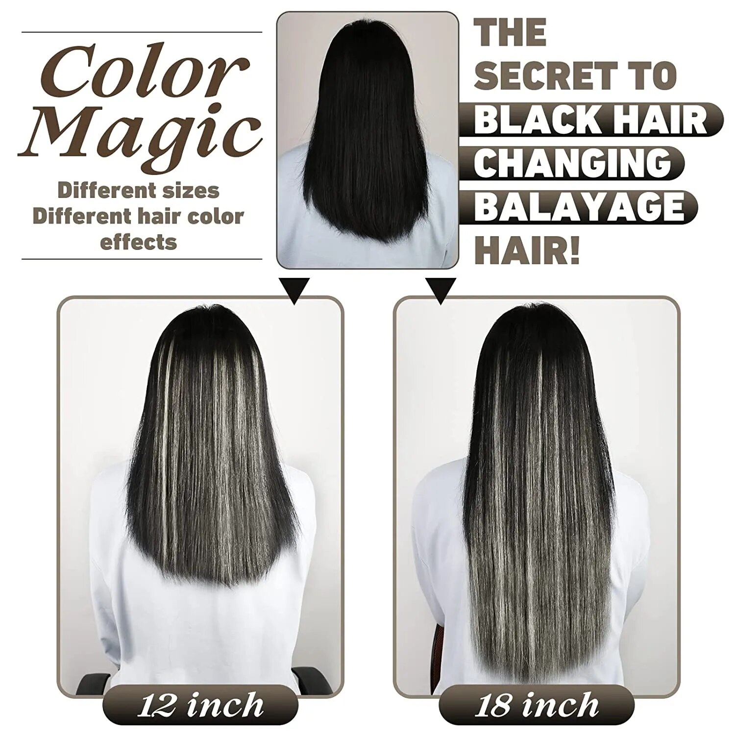 Full Shine Clip In Hair Extensions Black Balayage Silver 18Inch 7Pcs Real Human Hair Natural Hair Double Weft Straight 120G