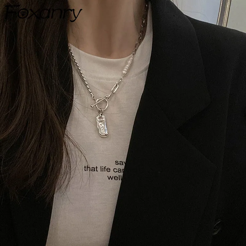 FOXANRY Silver Color Necklace for Women OT Buckle Accessories Fashion Vintage Creative Irregular Geometric Party Jewelry