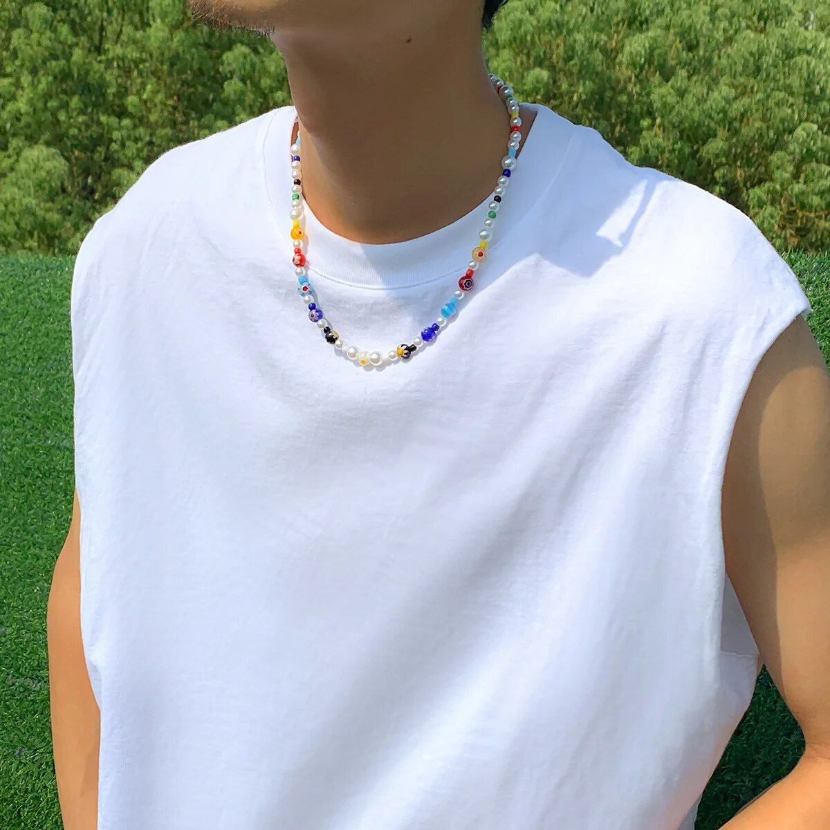 Simple Hip hop Style Colorful Glass Crystal Beads Pearl Necklace Man Sunshine Boy Colored Pearl Necklace Bead Choker