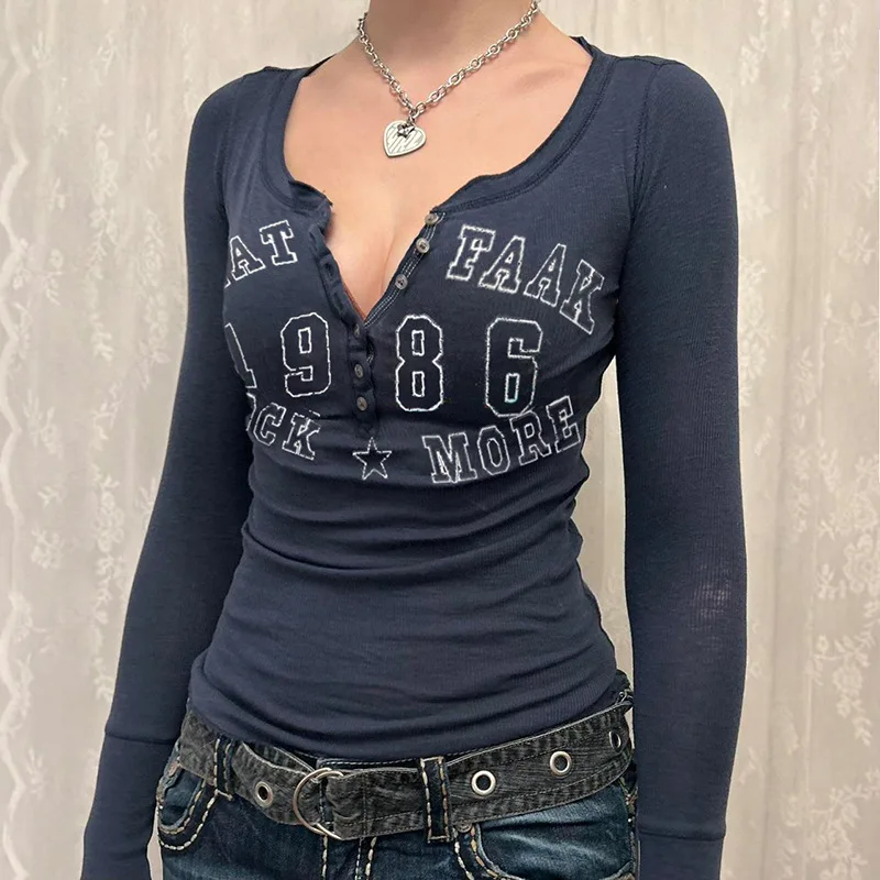Letter Print  Sexy Tees Women Autumn Streetwear Long Sleeves O-Neck Slim Crop Top Fashion Button Casual Bodycon T-shirt Female