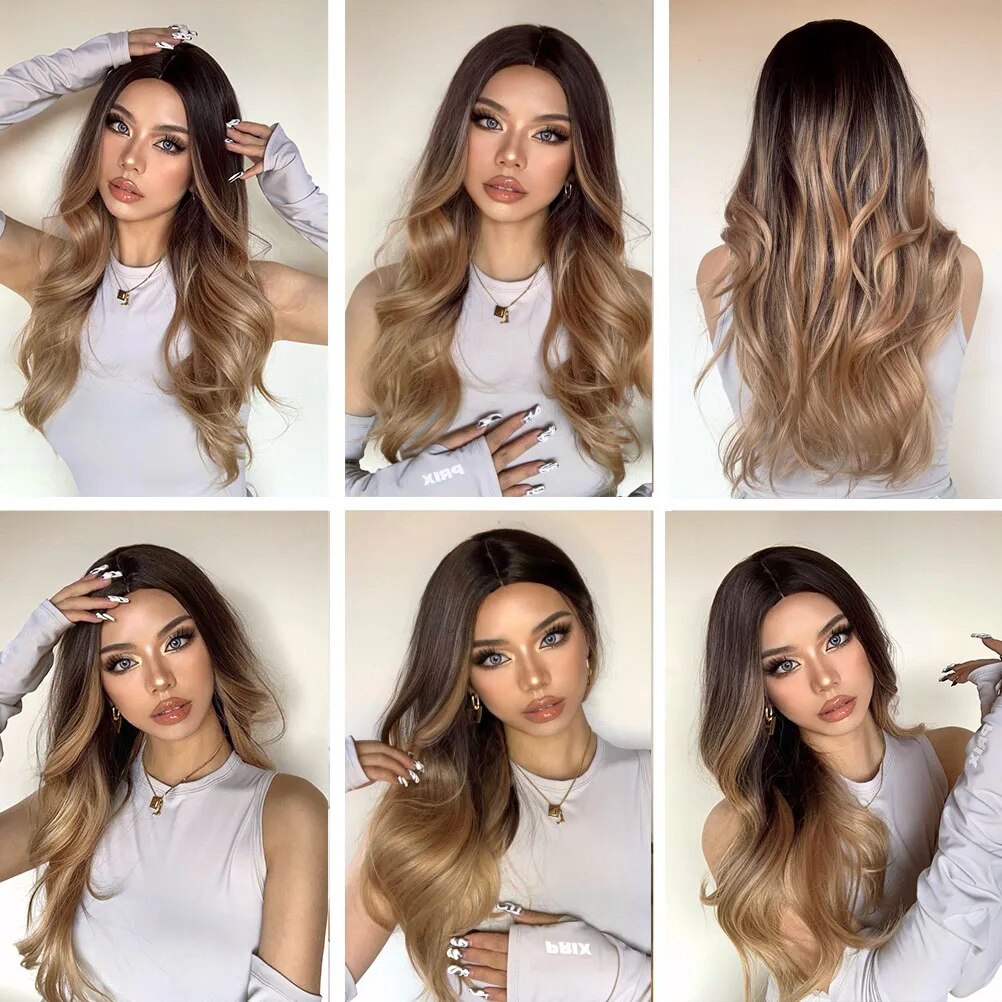 TINY LANA Synthetic Long Ombre Black Brown Blonde Big Loose Wave Wigs For Women Middle Part Cosplay Party Natural Fake Hair