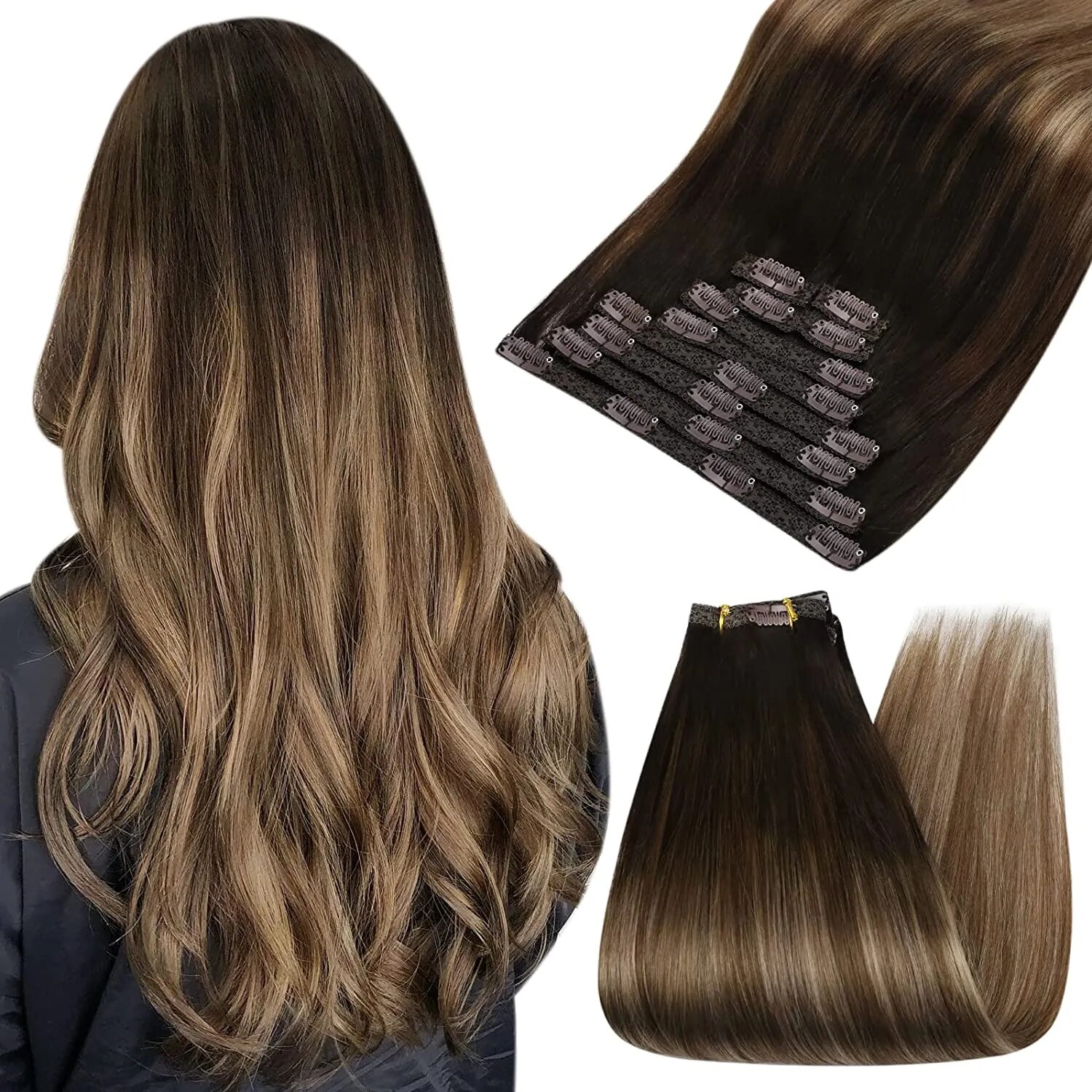 Ugeat Clip In Hair Extensions Human Hair Real Remy Hair Highlight Blonde Color Full Head Balayage Bralizian Hair Extensions 7Pcs