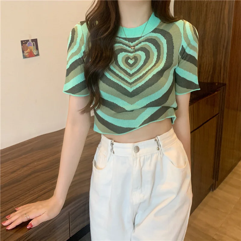 Fashion Knitted Tops Women Korean Style Summer Short Sleeve Love Shape Cute Jumper Spicy Girl Round Neck Sexy Crop Tops Pullover