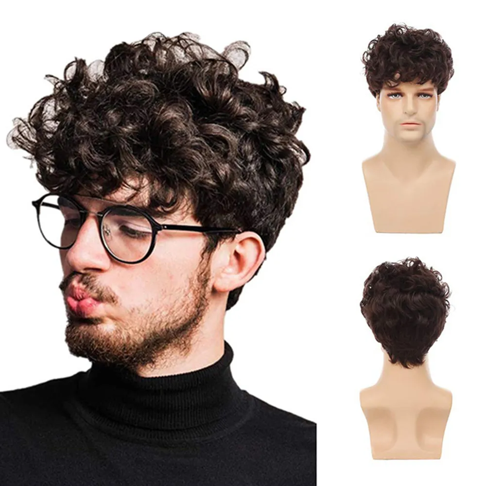 Men's Wigs Short Brown Synthetic Wig with Bangs Curly Fake Hair For Male Cosplay Natural Wig