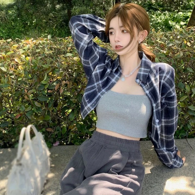 Women Casual Plaid Turn-down Collar Shirts Fall/Spring Girly Long Sleeve Loose Fit Versatile Cropped Blouse Ladies Leisure Top