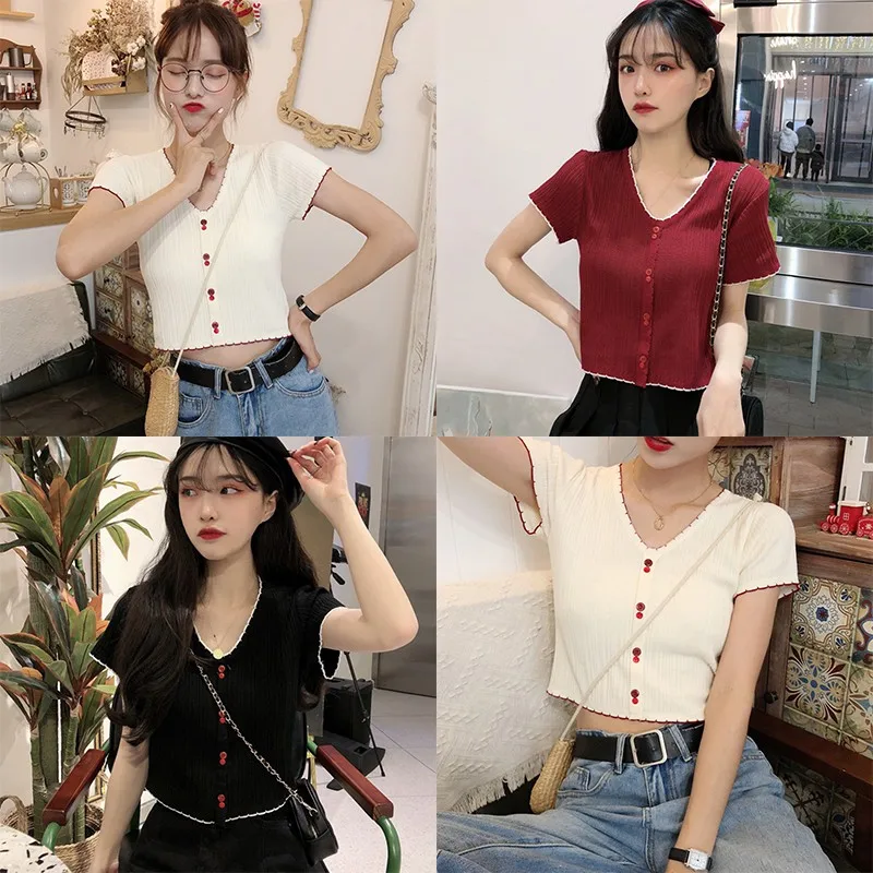Women's Patchwork Short Sleeve Crop Tops Knitted Casual T-Shirt Woman Sweet Patchwork Short Tops