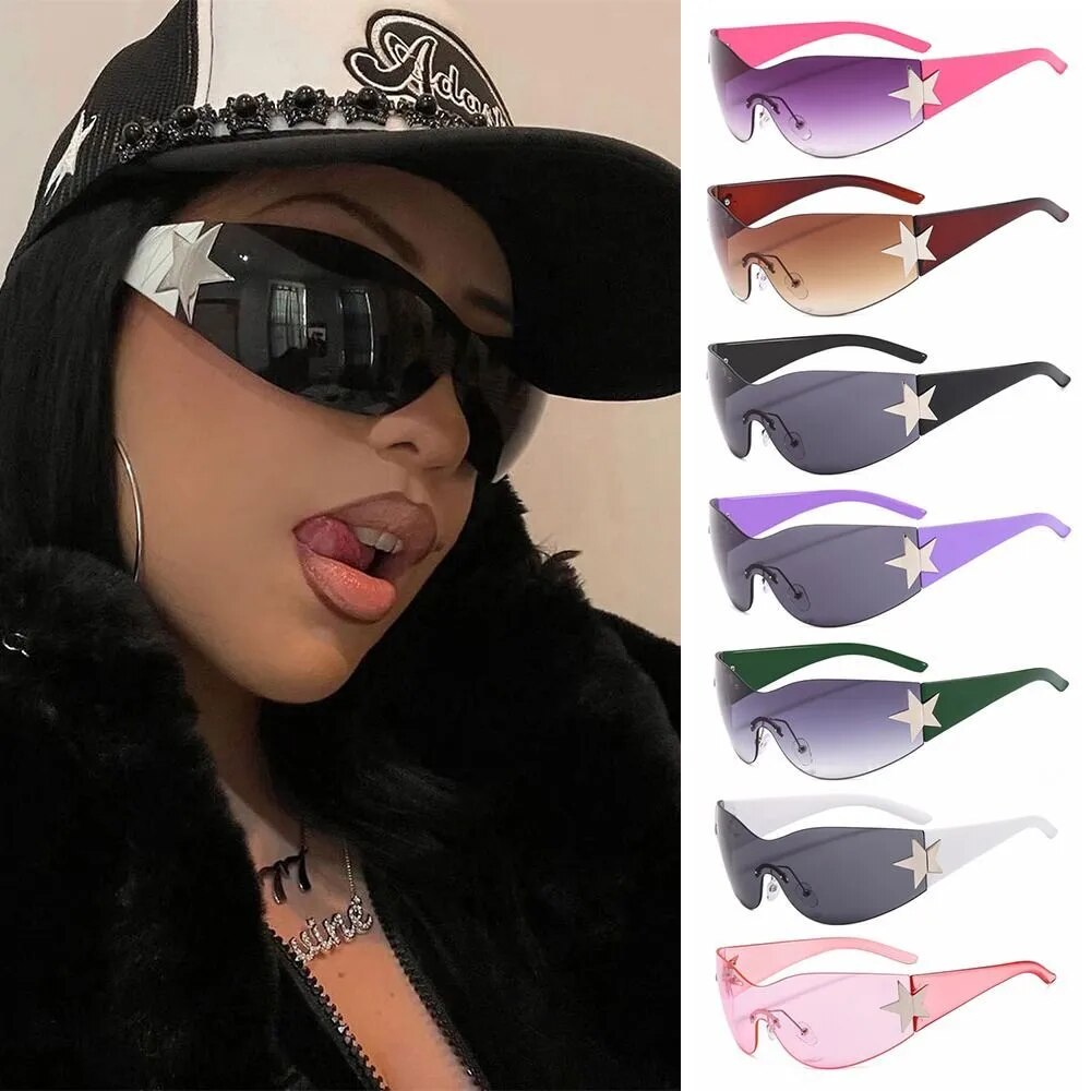 Y2K Rimless Sunglasses Women Men Oversized Trendy Wrap Around Sunglasses Punk One Piece Goggles Sports Sun Glass Shades Eyewear