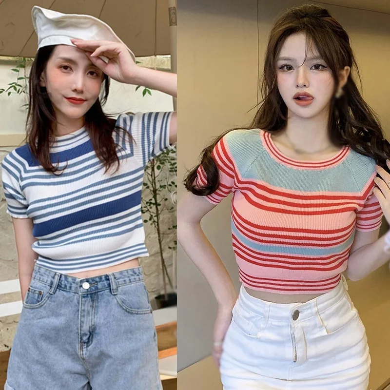 Women's Short Sleeve Basic Slim Fit Tops Crewneck Ribbed Knit T Shirt Cute Summer Outfits