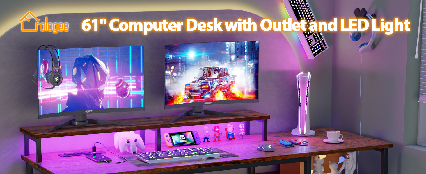 desk with outlets and LED lights