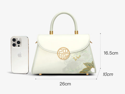 Embroidery Leather White Crossbody Bag Hibiscus Women Handbag