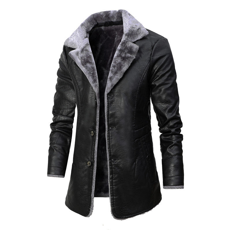 PU Leather Jacket Men Long Style Solid Men' Streetwear Fleece Casual Mens Clothing Pockets Breasted Leather Coat Outwear