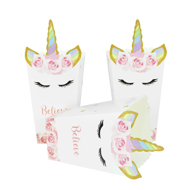 10pcs Unicorn Party Supplies Paper Popcorn Box Gift Box Candy Cookies Bags Unicorn Theme Party Popcorn Bags Baby Shower Favors