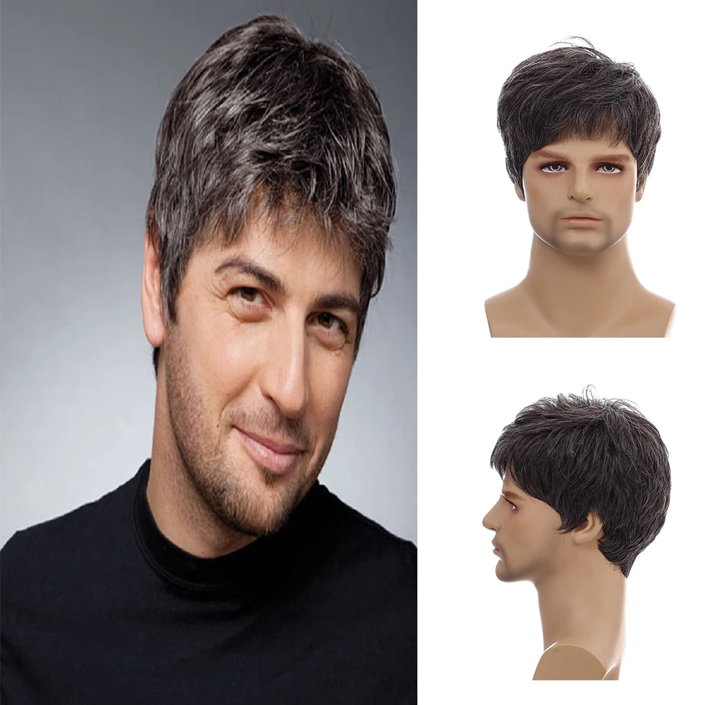 Men's Short Brown Wig Synthetic Hair Smooth Natural Pixie Cut Toupee Curly Heat Resistant Wigs For Male Men Black