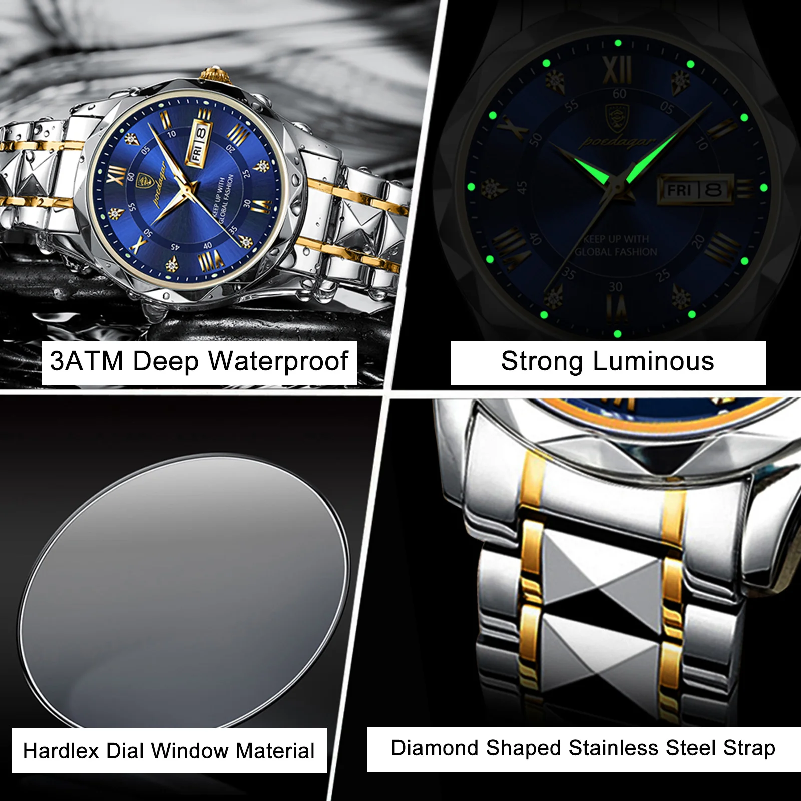 POEDAGAR Luxury Men Watches Business Top Brand Man Wristwatch Waterproof Luminous Date Week Quartz Men's Watch High Quality+Box