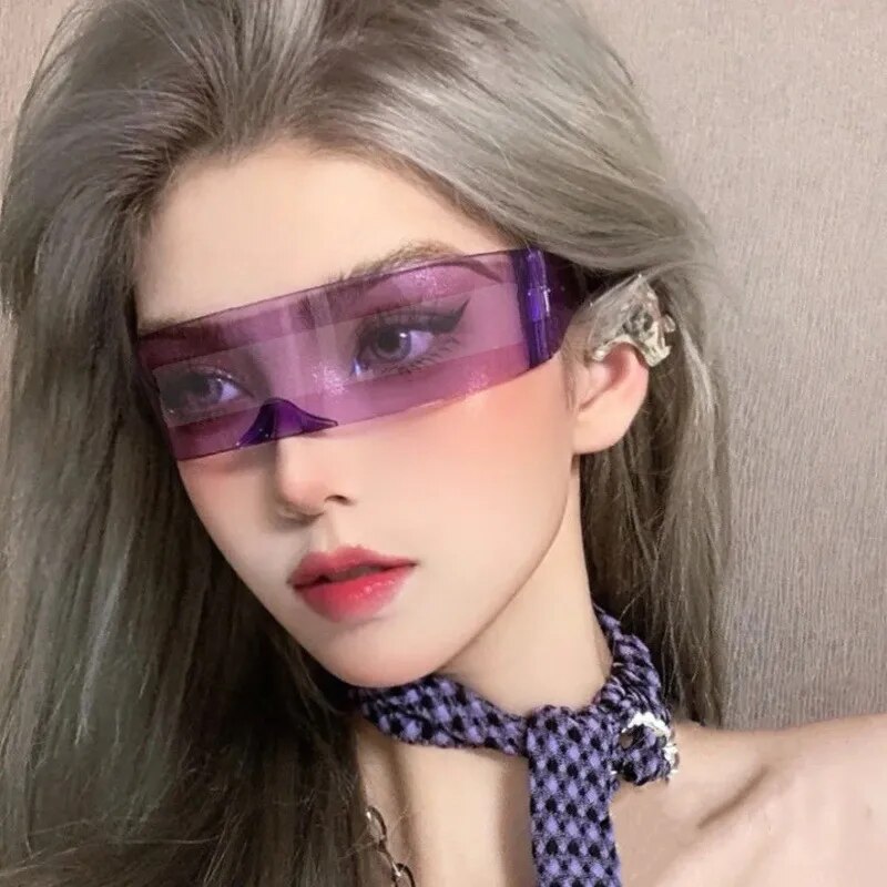 Y2K Future Warrior Rimless Sunglasses One Piece Lens Wrap Around Cyber Punk Futuristic Men Women Hip Hop Party Sun Glasses 2023